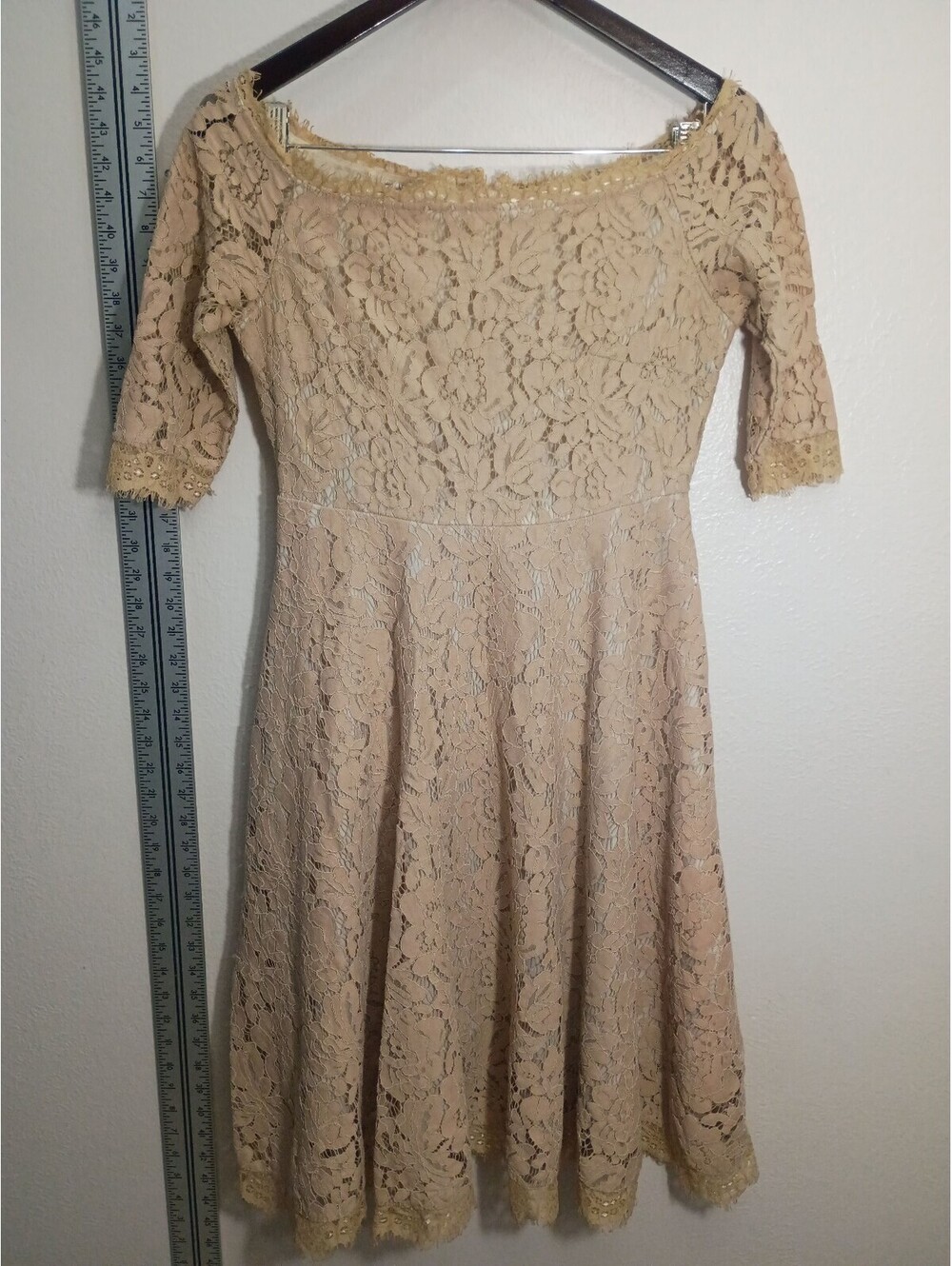 Yisia Beige Lace Fit & Flare Dress with 3/4 Sleeves, Size M